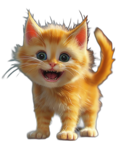 3D render of a happy cute ginger kitten in the style of a cartoon, on a black background, highly detailed, with octane rendering, studio lighting, high resolution photography, maximum texture detail, and sharp focus.