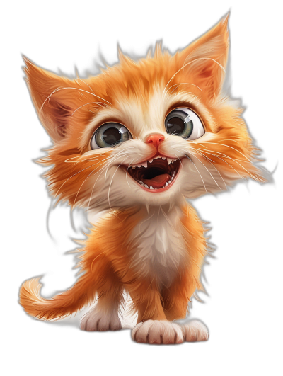 Illustration of a cute smiling orange and white kitten with big eyes, in the Disney style, on a black background, cartoon character design, digital art in the style of [Artgerm](https://goo.gl/search?artist%20Artgerm), 2D game art, concept drawing for a mobile game.