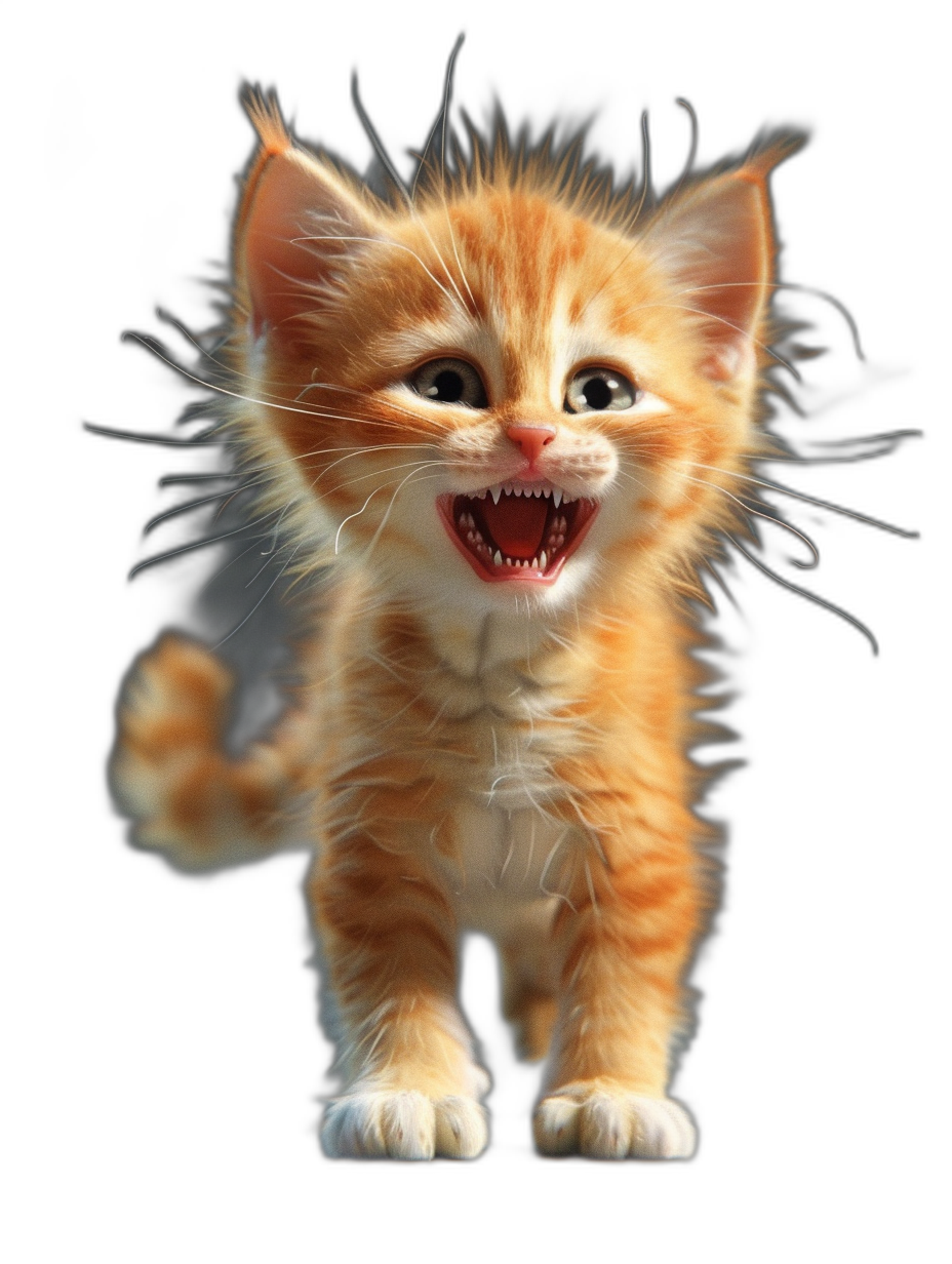 Cute orange kitten, happy expression, jumping up and laughing with sharp teeth, black background, in the style of Pixar, full body shot, high definition photography