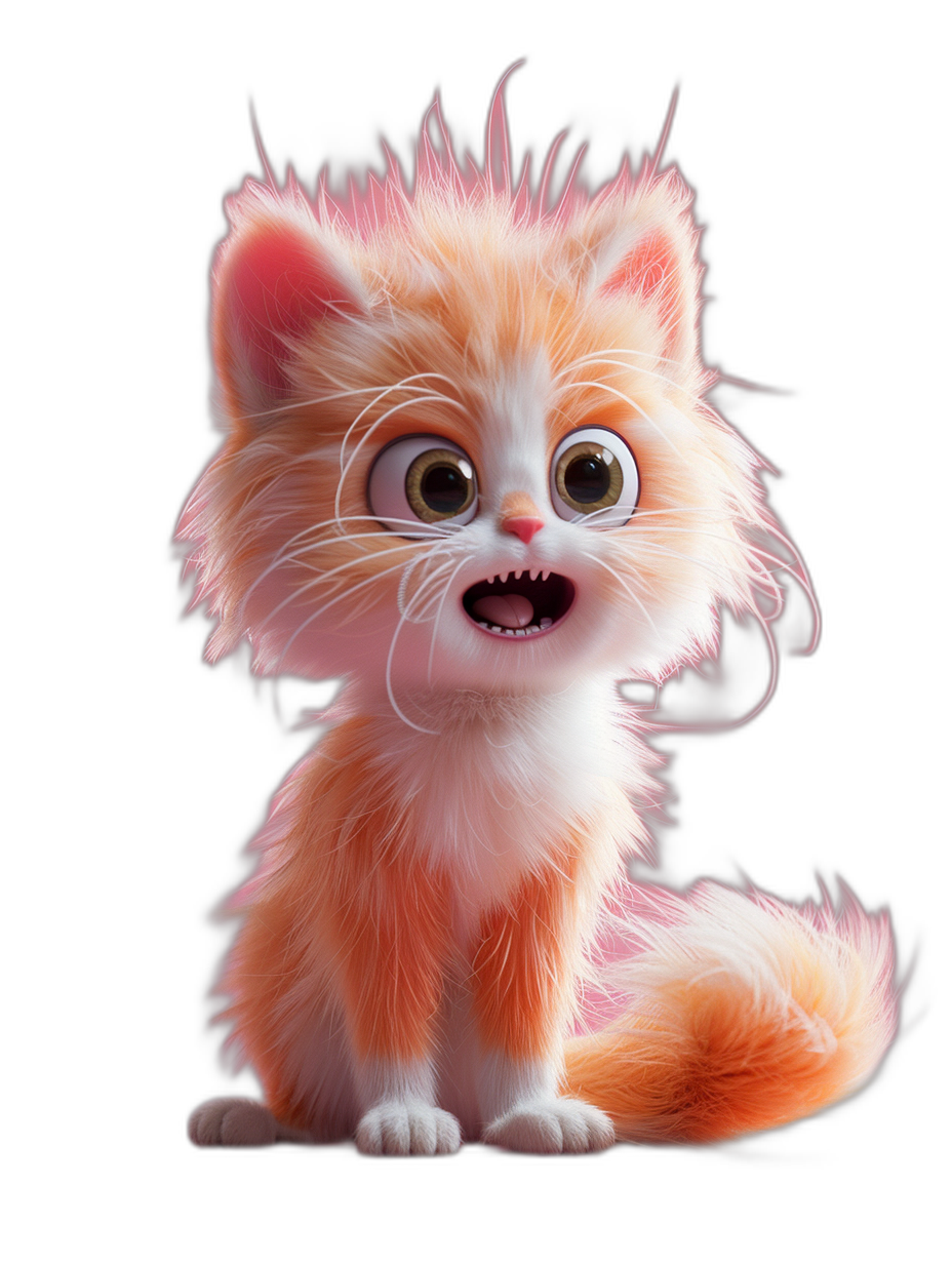 A cute orange and pink kitten with fluffy hair, big eyes, mouth open, white light around it on a black background, in the style of Pixar, in the style of Disney, a full body shot, a 3D rendering, high definition.