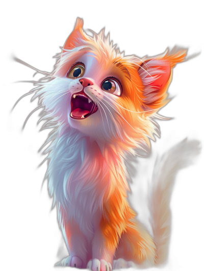 A cute, happy smiling cat in the style of Pixar, Disney cartoon full body portrait on a black background. The high definition, super detailed digital art uses bright colors with light pink and white fur along with orange details. The cat has its mouth open showing teeth, a pink nose, and long hair on its ears with big eyes.