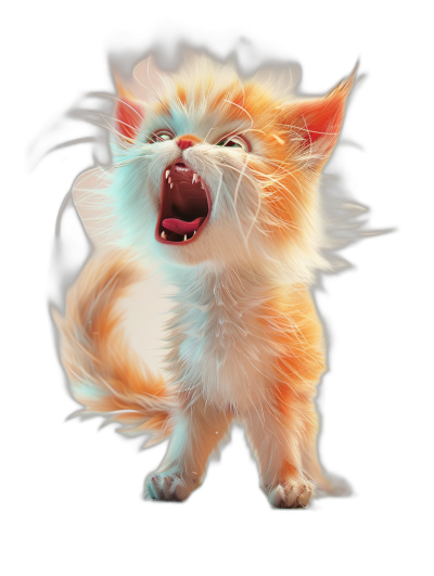 full body portrait of a cute orange and white kitten, the cat is screaming with its mouth open showing sharp teeth, glowing eyes, white fur on its head has light blue hair strokes, black background, concept art in the style of Pixar studio, digital painting in the style of Disney animation