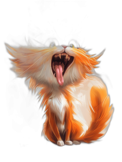 digital art of a happy smiling orange and white cat with a long fluffy tail and tongue out on a black background, in the style of fantasy