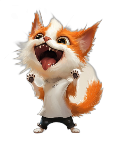 A cute happy orange and white cat in the style of League of Legends character, black background, wearing a t-shirt with pants on its legs, big smile and open mouth showing teeth, playful pose, full body shot, artstation style illustration.