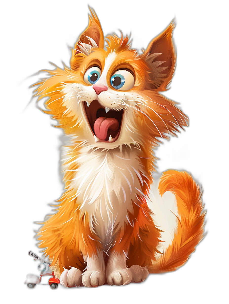 Cartoon illustration of an orange and white cat with big eyes, long hair around its neck, tongue sticking out, playing a game character on a black background, in the style of Pixar, in the style of Disney, 3D cartoon, high resolution, cute, happy, fluffy fur, full body, with a cute pet toy in front of it, colorful.