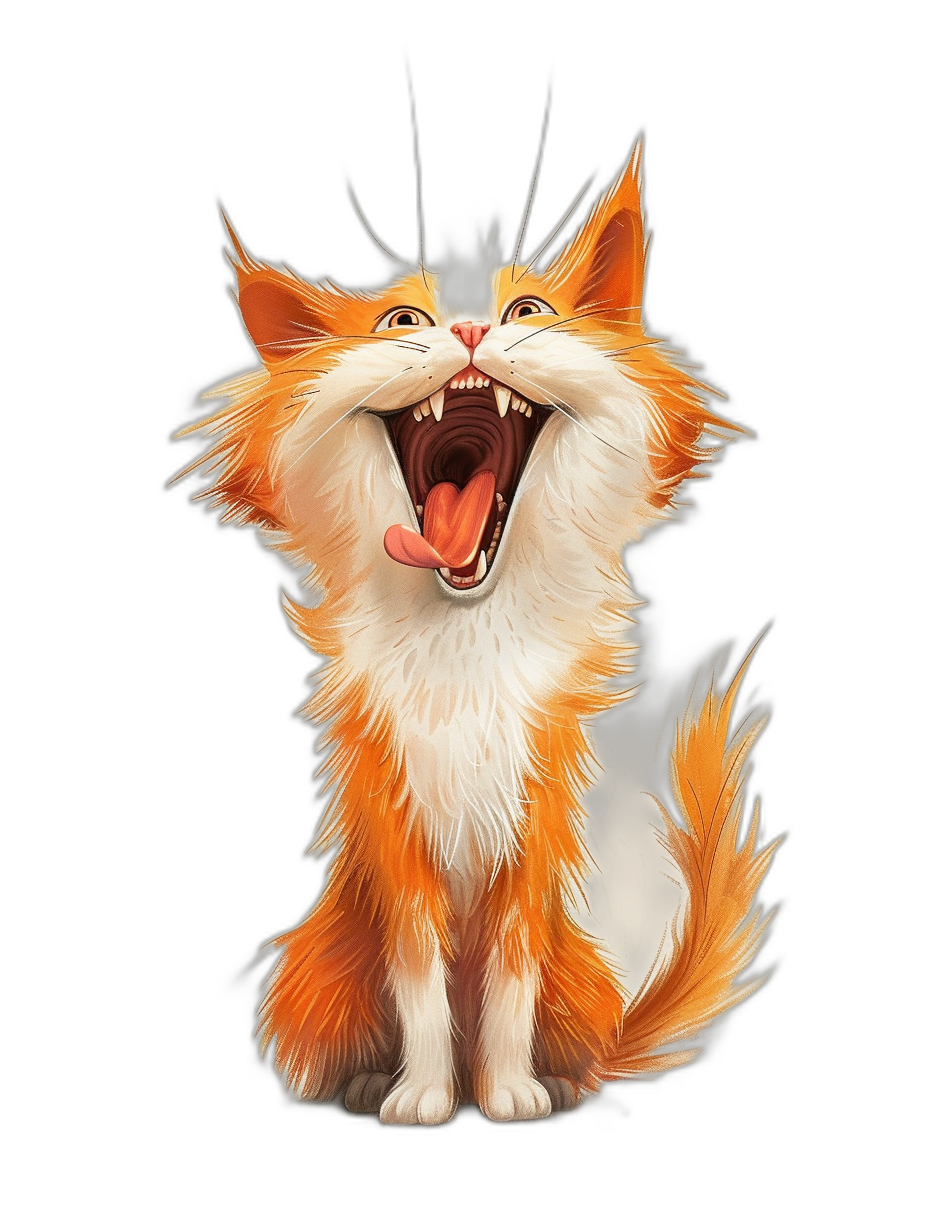 illustration of happy smiling cat meowing with tongue out, orange and white fur on body, black background, full-body shot, high resolution, high detail, hyper realistic, concept art by Pixar studio style, Disney cartoon character, digital painting illustration, smooth, sharp focus, cinematic light, cinematic composition