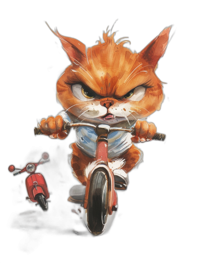 Cute orange cat riding a scooter with an angry expression, wearing a white T-shirt and jeans in a full body portrait in the style of a cartoon with a black background. Digital art in the style of a watercolor painting character design with a front view, black hair, riding a red tricycle. A cute chubby kitten is driving an electric bike on the road, with both hands holding onto the handle with a fragmented look and bold color contrast, in .