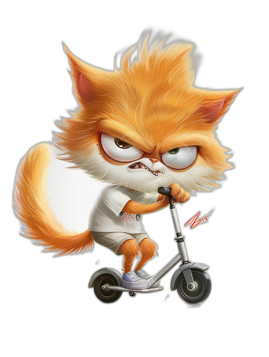 grumpy orange cat cartoon character wearing a white t-shirt and sneakers, riding a scooter with an angry facial expression, on a black background, as a full body portrait, in the style of 2d game art with caricatured faces, featuring dark amber and gray colors, with a lively brushwork style, presented at a high resolution