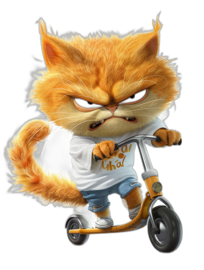 A cute orange cat, wearing a white T-shirt and blue jean shorts with "chey chaotic" written on it, riding an electric scooter with an angry expression in the style of a cartoon on a black background. The image is high definition, high resolution with 3D rendering in the Pixar animation style and features cute, high details.