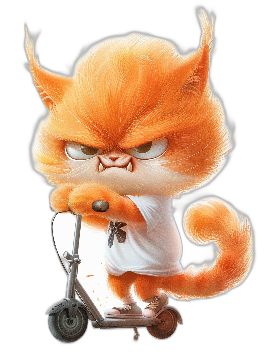 grumpy orange cat in a white t-shirt riding a scooter, in the cartoon style, black background, resembling a Pixar character, high resolution, highly detailed, cute, adorable