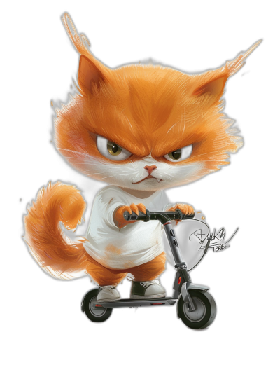 A cute chibi orange cat wearing a white t-shirt with an angry face riding a scooter in a full body shot with a black background, digital art in the style of claire-fredrypsens-ImKay and with a Pixar style character design.