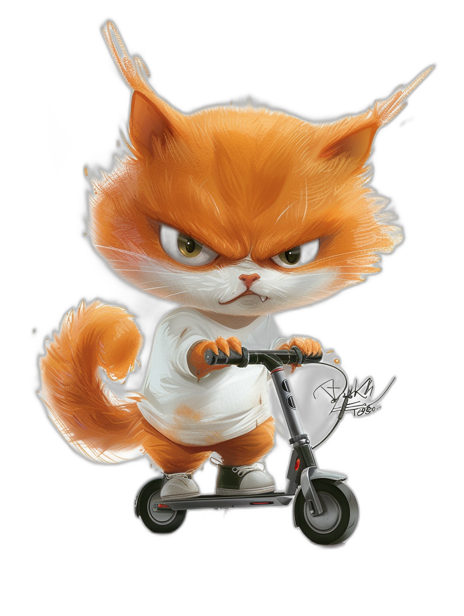 A cute chibi orange cat wearing a white t-shirt with an angry face riding a scooter in a full body shot with a black background, digital art in the style of claire-fredrypsens-ImKay and with a Pixar style character design.