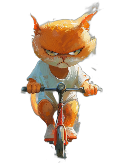 A cute orange cat character, wearing a white t-shirt and shorts riding a bicycle with an angry facial expression, front view, black background, in the style of anime, oil painting