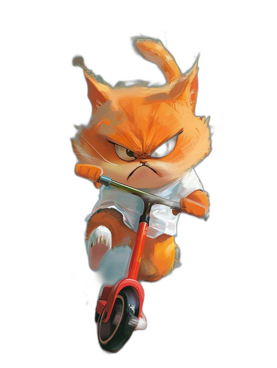 Character design of an angry orange cat wearing a white t-shirt riding a scooter against a black background, concept art in the style of Pixar and [Atey Ghailan](https://goo.gl/search?artist%20Atey%20Ghailan).