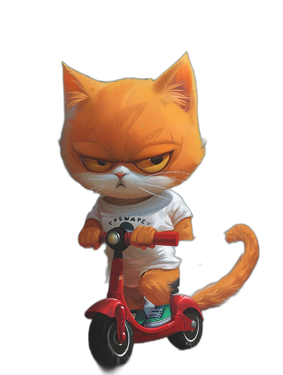 Cute cartoon orange cat wearing a white T-shirt, riding a red scooter with an angry expression against a black background. The full body portrait contains high definition details in the style of illustration.