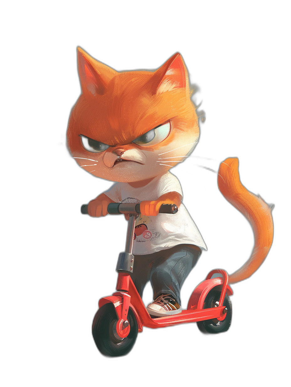 orange cat with an angry face, wearing a white t-shirt and jeans pants riding a red scooter, concept art in the style of Pixar, cgsociety, character design, black background, cartoonish, style of ghibli