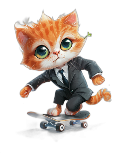 Cute cartoon cat in a suit riding a skateboard on a black background, in the digital art style.