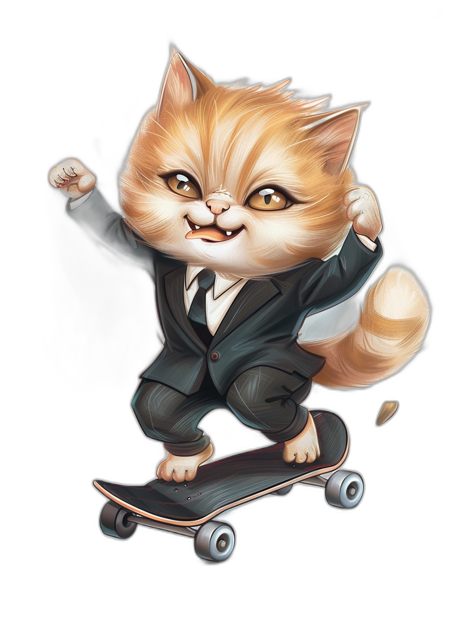 A cute happy cat in a suit is riding on a skateboard, in the vector illustration style with a black background, sticker art, cute cartoon design, detailed character illustrations, concept art in the style of [Artgerm](https://goo.gl/search?artist%20Artgerm) and [Greg Rutkowski](https://goo.gl/search?artist%20Greg%20Rutkowski) and [Alphonse Mucha](https://goo.gl/search?artist%20Alphonse%20Mucha).