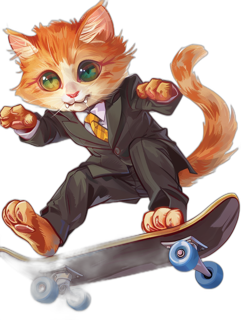 A cute orange cat in a suit and tie is riding on a skateboard, with green eyes, in a cartoon style, on a black background, as a vector illustration, in a full body shot, as a character design, concept art in the style of [Artgerm](https://goo.gl/search?artist%20Artgerm), [Krenz Cushart](https://goo.gl/search?artist%20Krenz%20Cushart), [Tom Whalen](https://goo.gl/search?artist%20Tom%20Whalen), and [Hayao Miyazaki](https://goo.gl/search?artist%20Hayao%20Miyazaki).