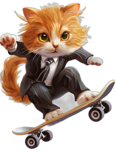 A cute ginger cat in black suit, riding on skateboard , vector illustration by [Milo Manara](https://goo.gl/search?artist%20Milo%20Manara) and [Artgerm](https://goo.gl/search?artist%20Artgerm), high resolution digitalart style, black background, high contrast