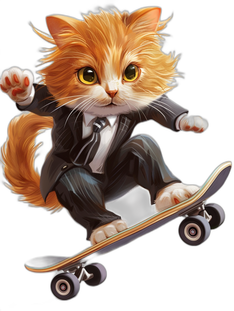 A cute ginger cat in black suit, riding on skateboard , vector illustration by [Milo Manara](https://goo.gl/search?artist%20Milo%20Manara) and [Artgerm](https://goo.gl/search?artist%20Artgerm), high resolution digitalart style, black background, high contrast