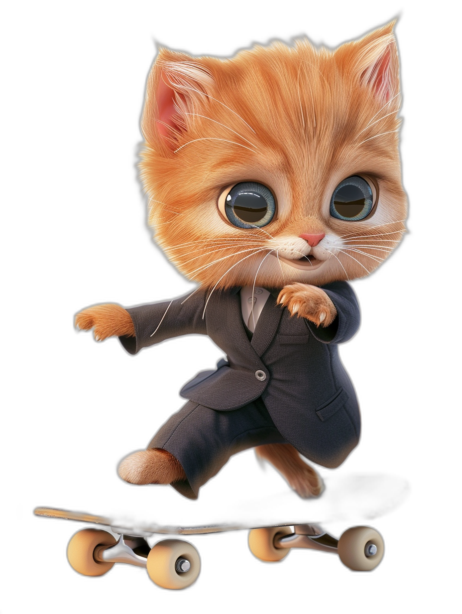 Cute orange cat in suit riding on skateboard, big eyes, cartoon character, Disney style, black background, 3D rendering, high resolution, cute and adorable