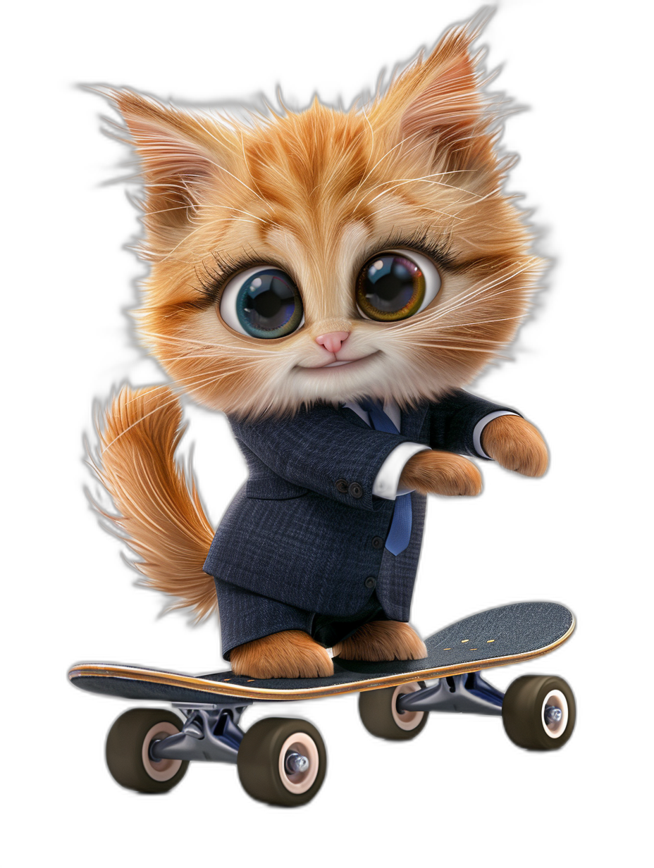 A cute happy ginger cat in a suit, riding on a skateboard, with big eyes, in the style of cartoon style, in the Disney Pixar animation character design, on a black background, with 3D rendering, cute.