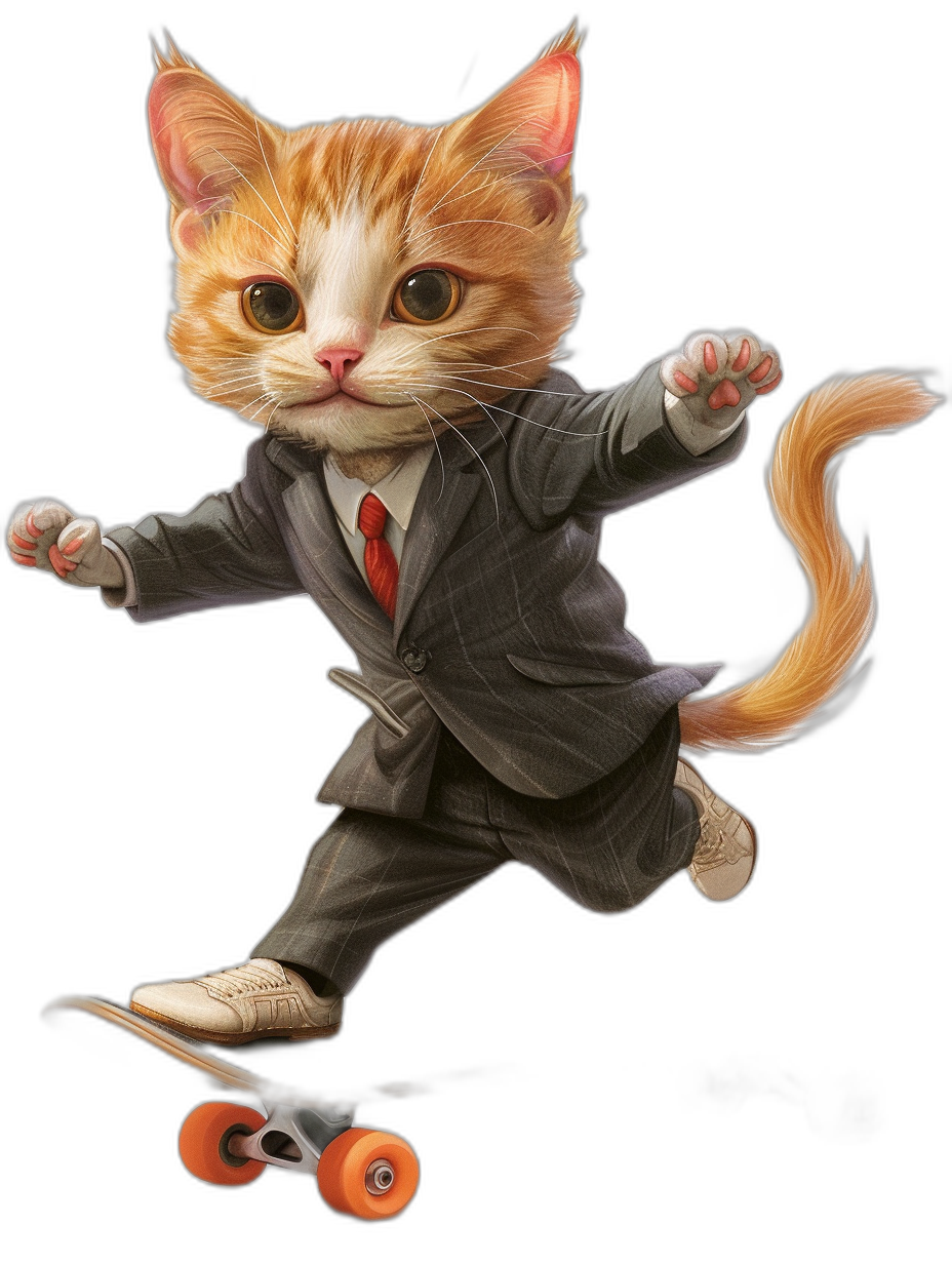 digital art of a cute kitten, wearing a suit and tie, riding on a skateboard against a black background, in a full body depiction.