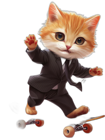 digital art of a cute kitten wearing a business suit and riding a skateboard against a black background in the style of big head and small body.