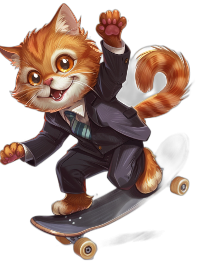 A cute smiling ginger cat in a suit, riding on a skateboard, in the vector illustration style of Yuji Shinkawa, on a black background, in a fantasy art style, as a character design, concept art for a game, simple and clean, full body from head to toe.