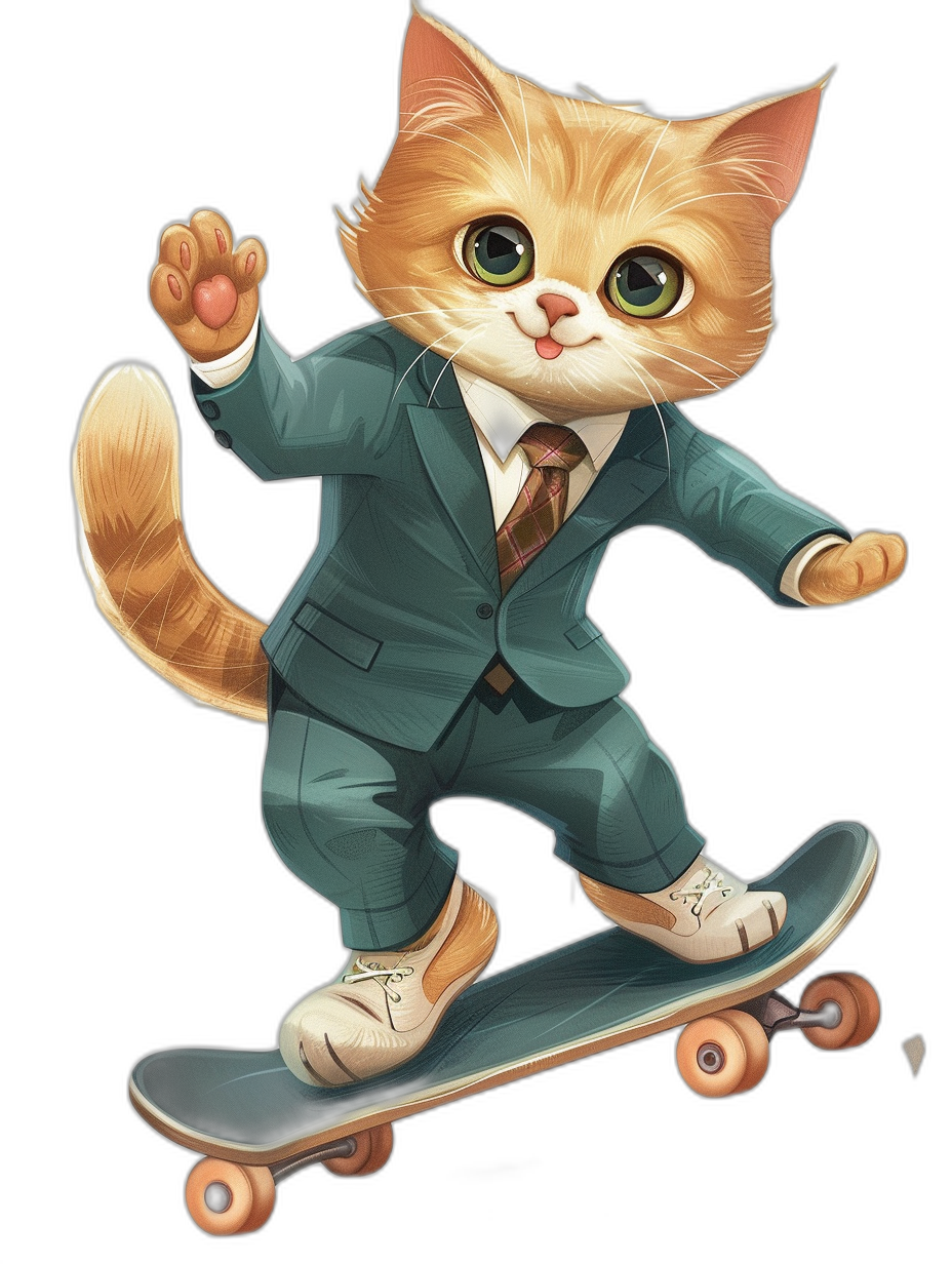 Cute cat in suit and tie riding on skateboard, in the style of a cartoon, vector illustration, high resolution, highly detailed, high definition, masterpiece, digital art, high quality image.