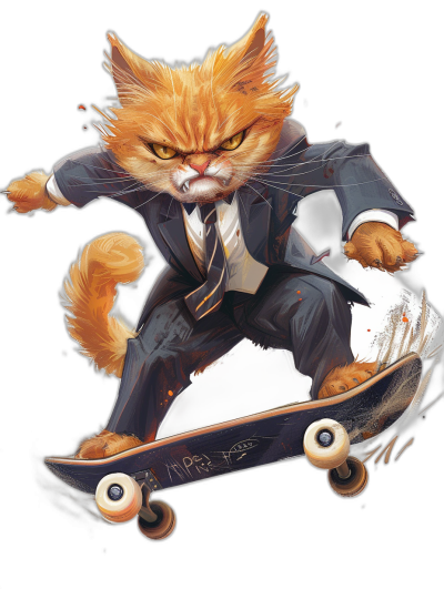 A realistic digital illustration of an angry ginger cat in a suit and tie, riding on top of a skateboard with white wheels, on a black background, in the style of a t-shirt design, front view, high resolution, sharp focus, no blur.