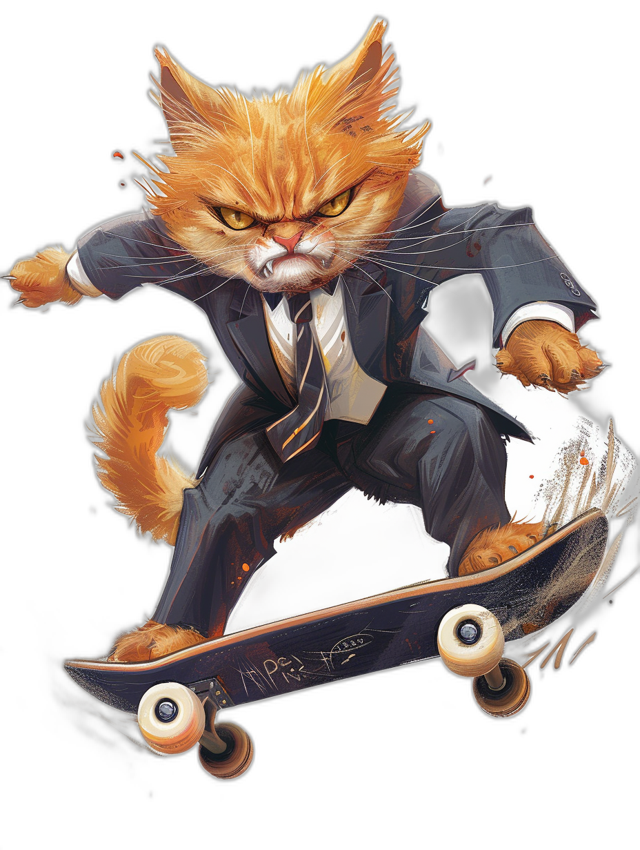 A realistic digital illustration of an angry ginger cat in a suit and tie, riding on top of a skateboard with white wheels, on a black background, in the style of a t-shirt design, front view, high resolution, sharp focus, no blur.