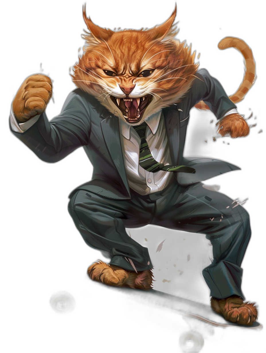 A realistic digital illustration of an angry ginger cat in a suit and tie, riding on a skateboard with his front paws, black background, full body portrait, fantasy art style, concept art in the style of [Greg Rutkowski](https://goo.gl/search?artist%20Greg%20Rutkowski)