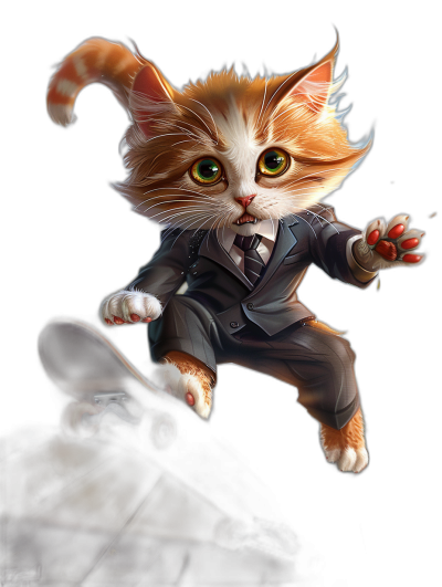 Cute cat in suit, playing skateboard, cartoon style, black background, bright eyes, full body shot, cute expression, digital art in the style of [Greg Rutkowski](https://goo.gl/search?artist%20Greg%20Rutkowski) and [Artgerm](https://goo.gl/search?artist%20Artgerm), high resolution