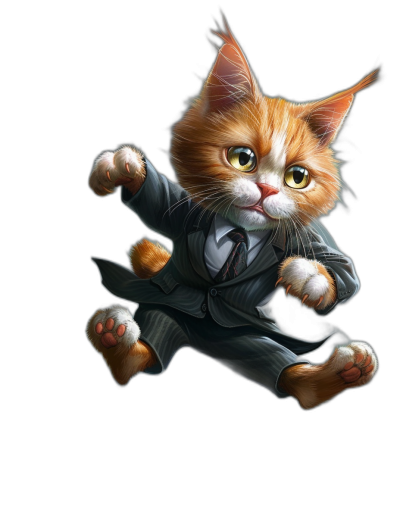 Illustration of a cute ginger cat in a suit jumping against a black background, in high definition.