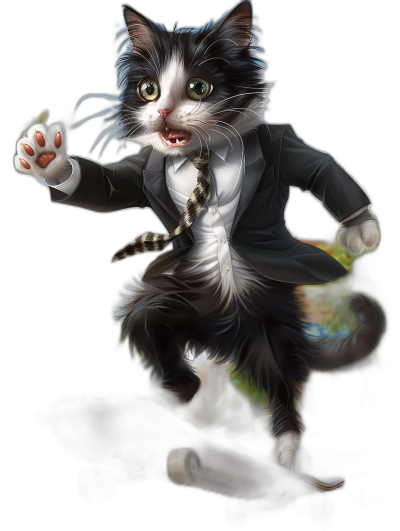 A black and white cat in a suit, with a tie is riding on a skateboard in the style of Pixar studio, cartoon style, full body shot, black background, colorful highlights, detailed fur texture, playful expression, digital art, high resolution.