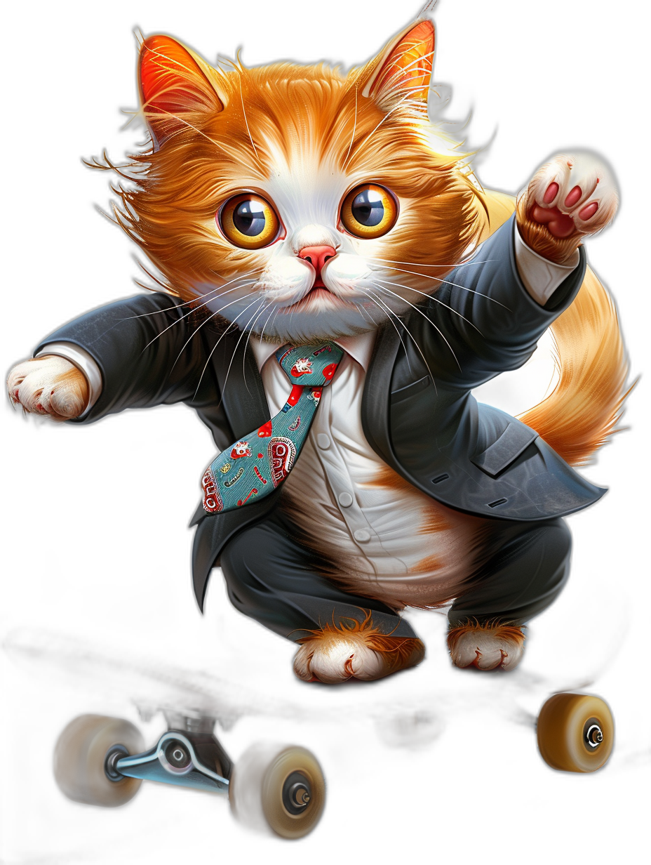 digital art of cute fat orange cat , wear suit and tie, skating on skateboard with black background , big head small body short legs , fluffy hair , funny face