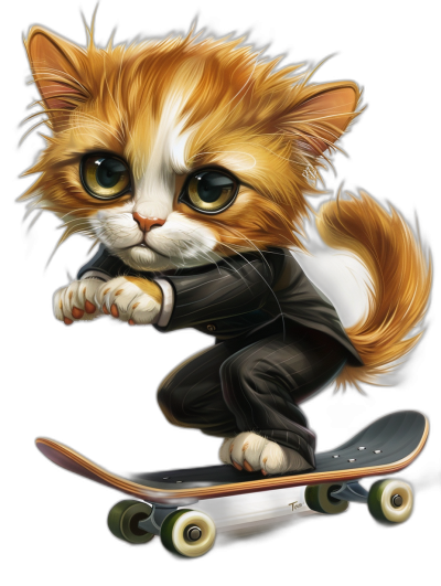 t-shirt design, Cool Orange and White Kitten riding on skateboard, full body, black background, ultra detailed, character details, vector illustration by [Artgerm](https://goo.gl/search?artist%20Artgerm) & [Pino Daeni](https://goo.gl/search?artist%20Pino%20Daeni)