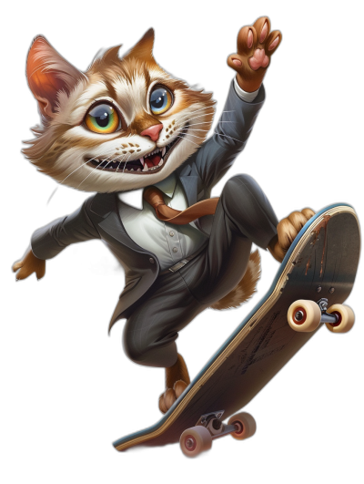 A happy cat in a business suit, riding on a skateboard in the style of [Tiago Hoisel](https://goo.gl/search?artist%20Tiago%20Hoisel), in a caricature-like, playful style on an isolated black background in a full body shot.