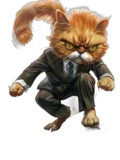 Illustration of an angry ginger cat in a suit, jumping against a black background in the fantasy art style. The artwork is high resolution, high detail, high quality and high definition with high sharpness and high clarity. It is a full body shot of the cat in full color. The artwork is hyper realistic, hyper detailed and hyper colored with hyper sharp focus and detail, in the style of fantasy art.