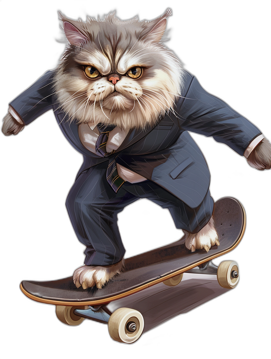 realistic digital illustration of an angry cat in business suit and tie, riding on skateboard, black background, full body portrait view