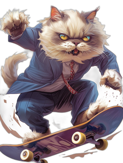 grumpy cat in business suit and tie, doing kickflip on skateboard, manga style, by [Artgerm](https://goo.gl/search?artist%20Artgerm), full body shot, black background, vector artwork, high detail