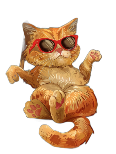 digital art of cool fat cat , wearing sunglasses, lying on the back with one leg up and holding his paws together , cute red fur around her neck black background png transparent , sticker design for tshirt