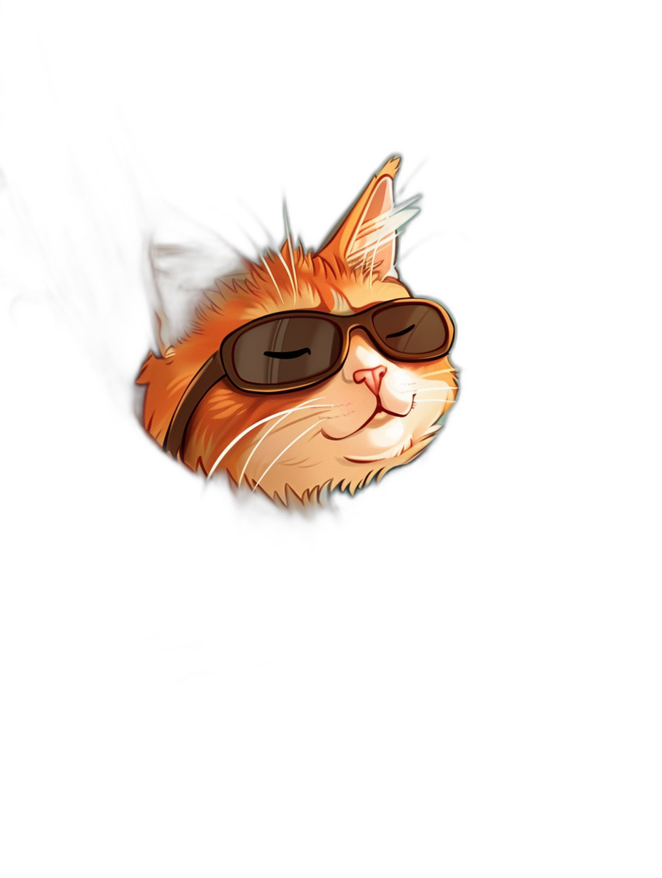 digital art of a cute cat wearing sunglasses, smiling with its eyes closed, on a pure black background, in the style of minimalism