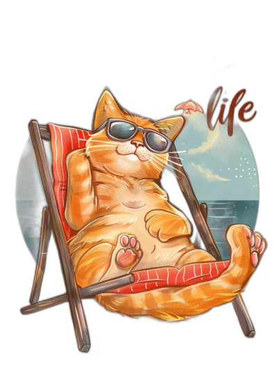 vector design of an orange cat lounging in beach chair with sunglasses on, t-shirt vector style, text "llife" , isolated black background, professional tshirt designs