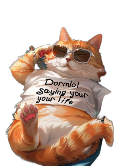 A fat orange cat wearing sunglasses and a white T-shirt is lying on its back, with the words "Dormio saying your life" written in black letters on it. It has a style in the style of anime and a cute cartoon design. The background color of the illustration should be pure black to make the character stand out more clearly. In the style of manga art, it can also have some watercolor effects.