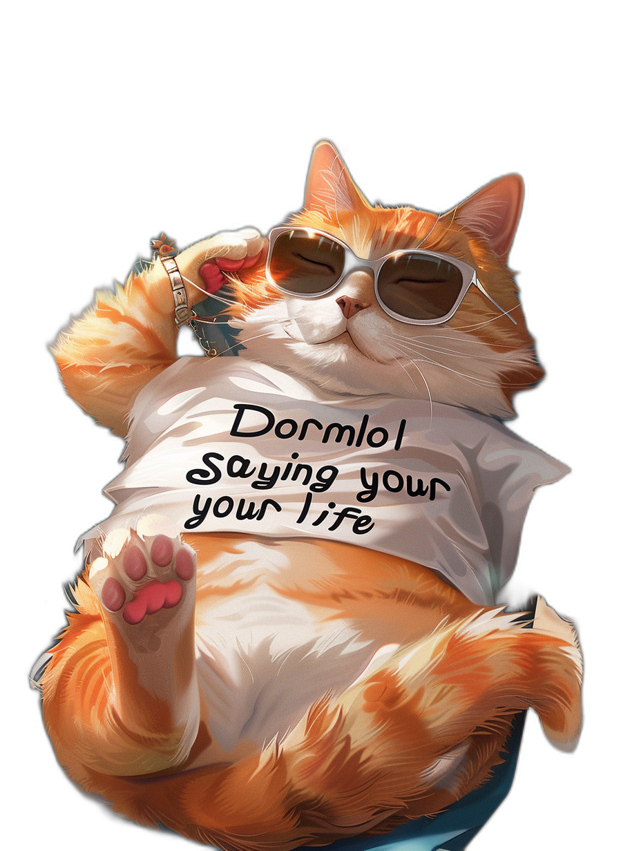 A fat orange cat wearing sunglasses and a white T-shirt is lying on its back, with the words “Dormio saying your life” written in black letters on it. It has a style in the style of anime and a cute cartoon design. The background color of the illustration should be pure black to make the character stand out more clearly. In the style of manga art, it can also have some watercolor effects.