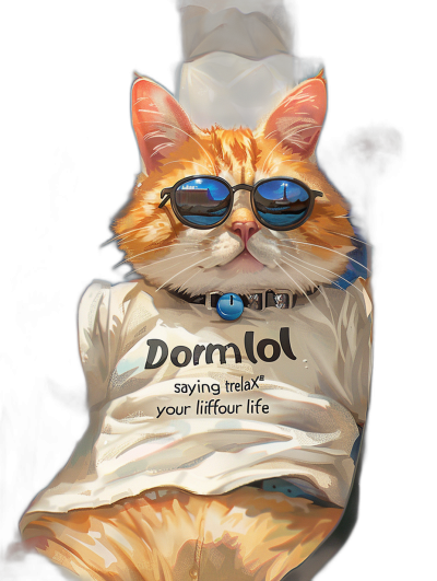 digital art of an orange cat wearing sunglasses and a white t-shirt with the words "dormOSH animal saying relaxed your life", against a black background, showing its full body, in the style of a funny style.