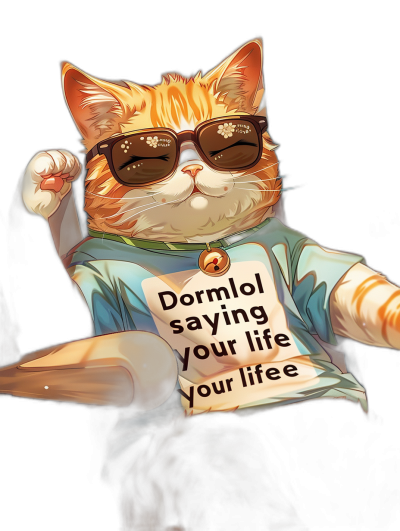 A cute orange cat with sunglasses and a t-shirt saying "DormЛОL says your life", in the style of anime, black background, 2d game art, detailed character illustrations, dynamic action scenes, clear outline, high resolution